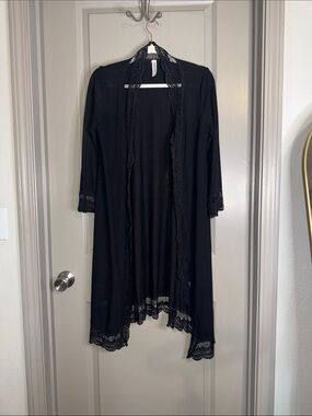 Tickled Teal Black Lace-Trim Open Front Kimono